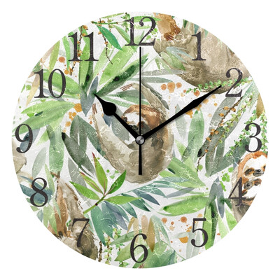 

Wall Clock Sloth And Tropical Plant Round Wall Clock Arabic Numerals Design