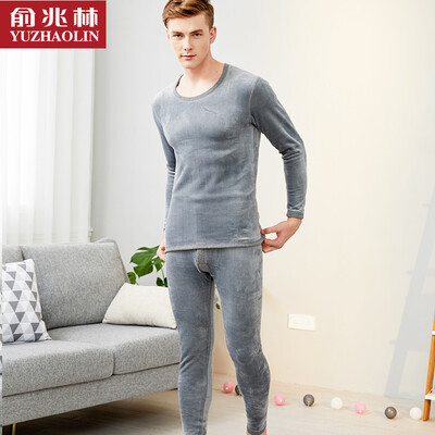 

Yu Zhaolin thermal underwear men&women couple plus velvet thickening gold velvet round neck suit autumn clothing long pants cotton male - light gray XL