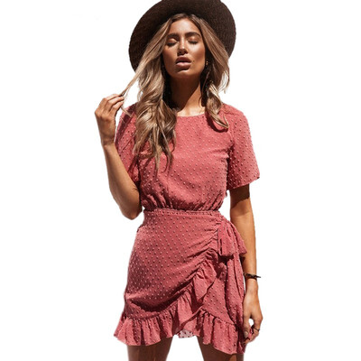 

PREISEI Summer New European&American Women Holiday Beach Dress Short-sleeved Halter Ruffled Lace-up Chiffon Jacquard Dress
