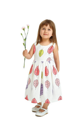 

DAWILS Girls Dresses PinkBlue Leaves Print Cotton Casual Sleeveless Dress With Belt