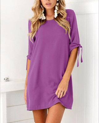 

2018 Spring Autumn Women Crew Neck Long Beam Sleeve Chiffon Loose Mini Dress Pullover Solid Color