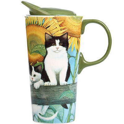 

Travel Coffee Ceramic Mug Porcelain Latte Tea Cup With Lid 17oz Sunflower&Pet Cat