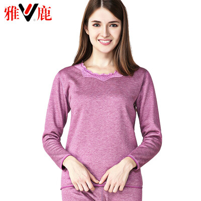

Yalu thermal underwear men thickening plus velvet autumn clothes long pants suit de velvet thick warm underwear lovers suit female round neck rose red M