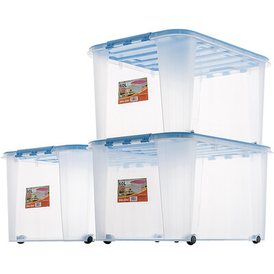 

JEKO&JEKO plastic transparent storage box large 60L 3 Pack storage box clothes quilt storage box toy storage box pulley storage box blue cover SWB-513