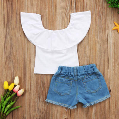 

Toddler Kids Baby Girls Tops Ripped Denim Shorts Pants 2pcs Clothes Outfits Set