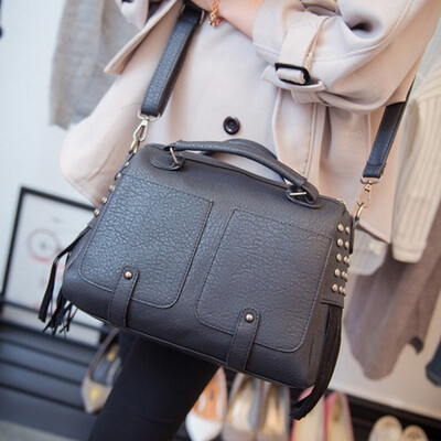 

2016 new fashion bucket Boston handbag for women leather rivet double pocket shoulder bag tote bags handbags brands cross-body bags