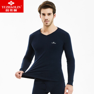 

Yu Zhaolin YUZHAOLIN thermal underwear mens autumn clothing long trousers cotton bottoming V-neck cotton sweater warm basic underwear set male Tibetan blue