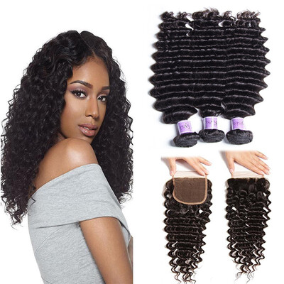 

UNice Hair Kysiss Virgin Series Deep Wave Indian Hair 3 Bundles With Closure Free Part 100 Human Hair Bundles Natural Color