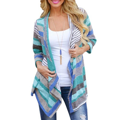 

CT&HF Women Casual Loose Cardigan Stripe Splicing 3/4 Sleeves Coat