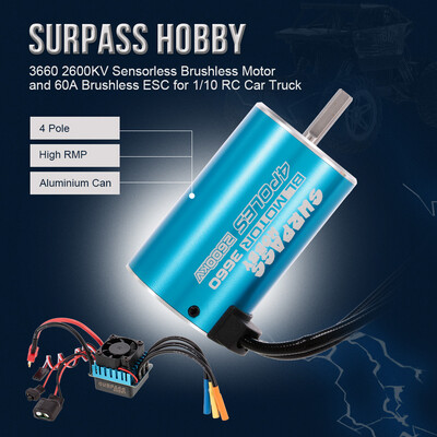 

SURPASS HOBBY 3660 2600KV Sensorless Brushless Motor&60A Brushless ESC for 110 RC Car Truck