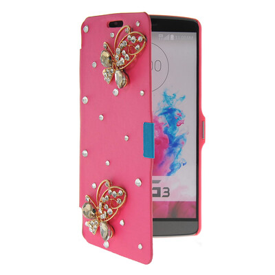 

MOONCASE Bling Rhinestone Crystal Ultre Slim Leather Side Flip Wallet Shell Back ЧЕХОЛ ДЛЯ LG G3 Hot pink