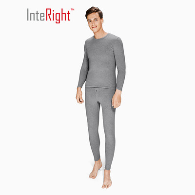 

INTERIGHT Mens volcanic rock medium thick plus velvet comfortable soft base round neck thermal underwear set light gray gray  code