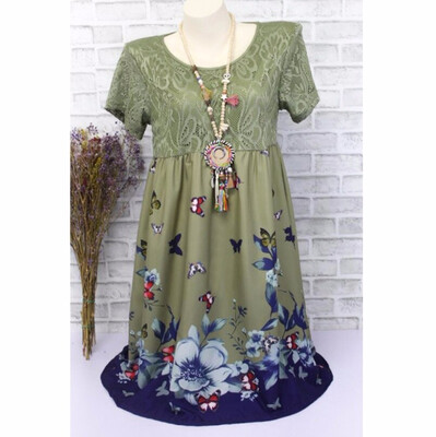 

New Fashion Women Lace Patchwork Short Sleeve Floral Print Dress Vintage Plus Size Midi Dress
