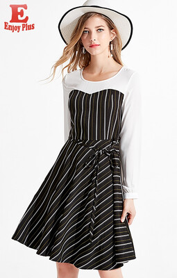 

XL XXL 3XL 4XL 5XL plus size office new autumn 2018 women dress long sleeve big size black striped faux two piece midi lady