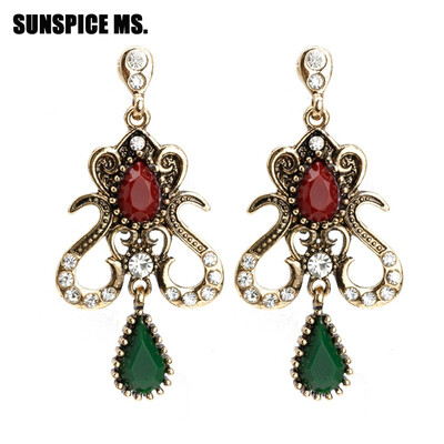 

Vintage Turkish Jewelry Long Dangle Earring For Women Resin Water Drop Stones Bohemia Ethnic Wedding Earrings Antique Gold Color