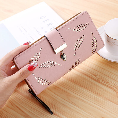 

The New Korean Version Of Womens Purse Long Style With A Hollowed-out Leaves Zipper Clasp Purse Card Bag