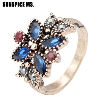 

New Arrive Bohemia Ethnic Vintage Rings Antique Gold Color Resin Crystal Narrow Bronze Wedding Rings Jewelry Gray Stones 2018