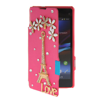 

MOONCASE Rhinestone Crystal Ultre Slim Leather Side Flip Wallet Back Case Cover for Sony Xperia Z1 Compact (Mini) Hot pink