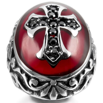 

Hpolw Mens Stainless Steel Ring CZ Silver Black Red Cross Knight Fleur De Lis Oval Vintage