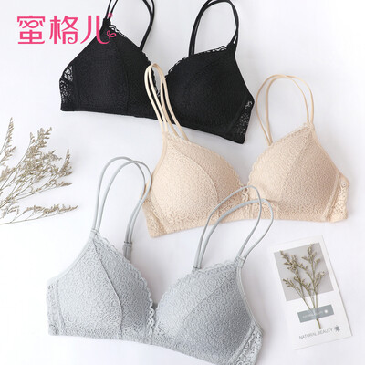 

Honey Pig bra thin section no steel ring simple lace sexy beauty back gathering girl underwear small chest bra no trace smooth thin cup W5063 silver gray 75A
