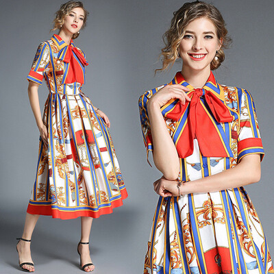 

DFYOP New Trend Womens retro print striped waist dress