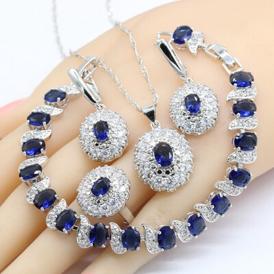 

Semi-precious 925 Logo Silver Jewelry Sets For Women Earrings Bracelet Rings Necklace Pendant