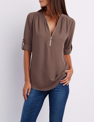 

Plus Size XS-5XL Women Sexy Deep V Neck Chiffon Zipper Shirt Ladies Fashion Casual Long Sleeves Tops Loose Long Shirt Blouse