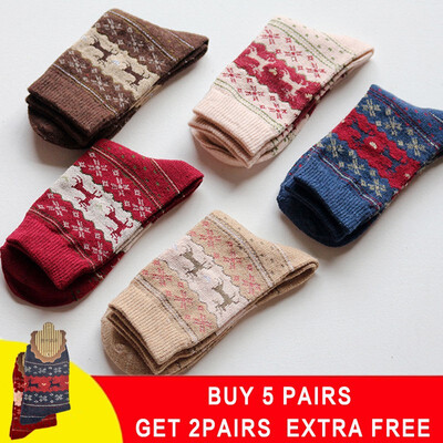 

5 pair Winter Women Socks Warm Wool Christmas Mid-calf Socks Woolen Snowflake Deer Comfortable Gift