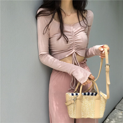 

new arrival spring autumn Korean style pure color square collar drawstring long sleeves short T-shirt