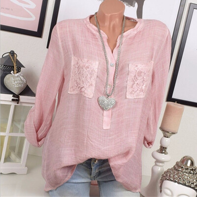 

Autumn Fashion Women Long Sleeve Pocket Patchwork Lace Patchwork Blouse Plus Size Blouse