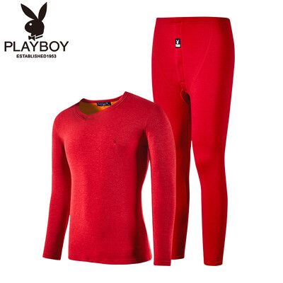 

Playboy thermal underwear mens suit plus velvet thick wool V-neck bottoming autumn clothes long pants warm suit male 8316 red