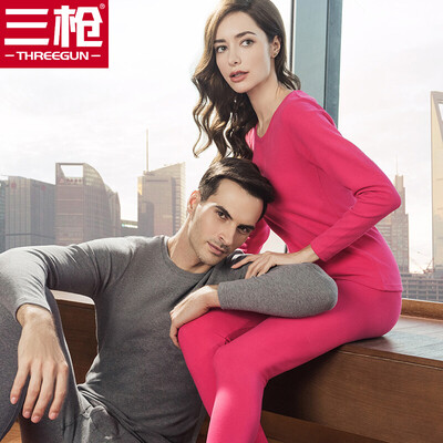 

Three guns thermal underwear female 2018 autumn&winter new product refreshing skin stretch elastic cotton round neck v-neck long-sleeved couple autumn clothing long pants mens suit womens rose red