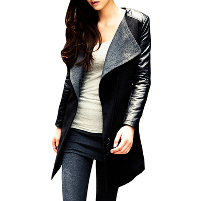 

CT&HF Fashion Autumn Winter Coat Women Long Sleeves PU and Woolen Outerwear