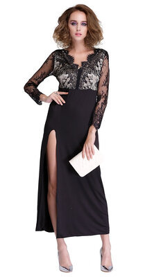 

New Women's Fashion Long Sleeve Lace Slit Dress Sexy Zipper Party Evening Dress