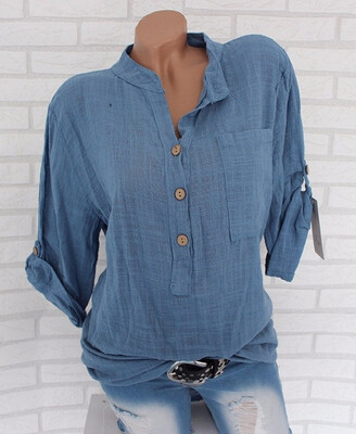 

Womens Fashion V-neck Pure Color Blouse Rolled Long Sleeve Tops