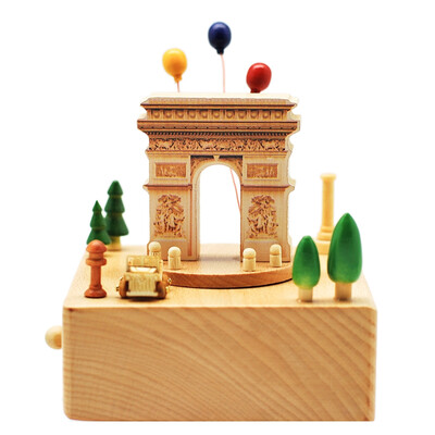 

Yi Yin Yuan creative gift toys octave box beech wood pure hand music box around the world Paris Arc de Triomphe Sky City