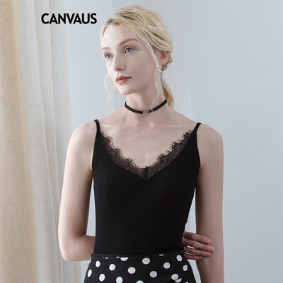 

CANVAUS New Womens Clothing Black White Lace Tanks Top Slim Sexy OL Casual Knitted V-neck Sleeveless Camisole Vest