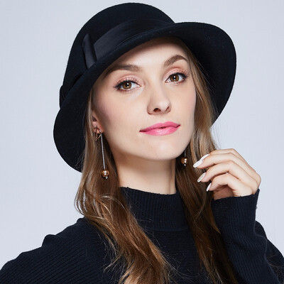 

Winter Warm Wool Hat Female Vintage All-match Elegant Hat Girls Fashion Wool Fedoras Hat Wide Brim Church Cap B-7329