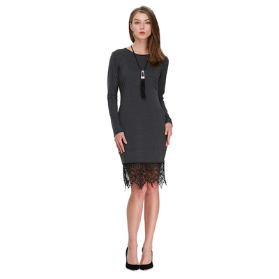 

Fashion Round Collar Long Sleeve Lace Spliced Sheath Bodycon Women Dress