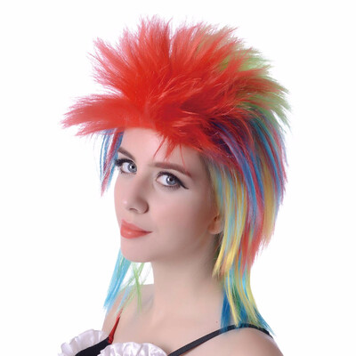 

16" Synthetic Short Straight Cosplay Wig Pink Red Blue Rainbow Hair Color Mixing Custom Party Fans Wigs For Women Heat Resistant