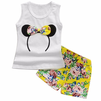

Multi colored Minnie Clothes For Girls Sleeveless Outfits Baby Girl Minnie Vest TopBowtie Shorts Pants Kids Outfit 1-6Y