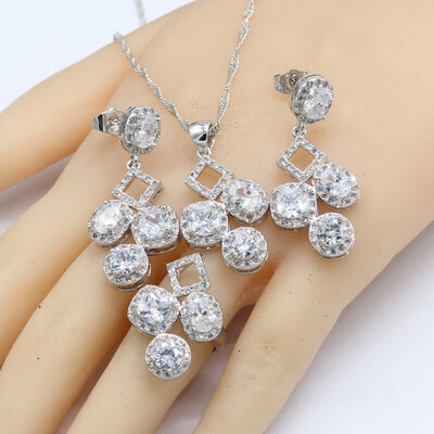 

925 Silver Bridal Jewelry Sets For Women 4 Colors Necklace Pendant Earrings Rings Free Gift Box