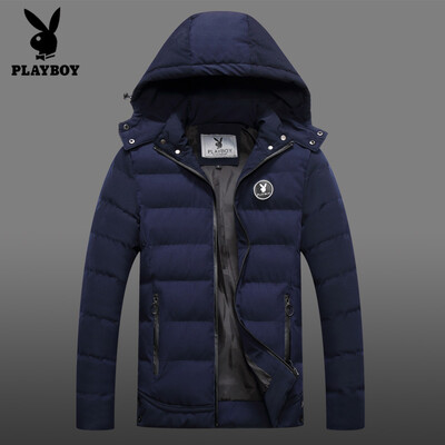 

Playboy cotton coat mens jacket 2018 winter new cotton suit mens slim Korean version of the hooded thickened bread short warm cotton jacket SYZ88760 blue