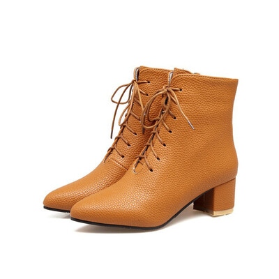 

IDIFU Womens Sexy Pointed Toe Medium Block Heel Ankle Booties Lace up Short Boots