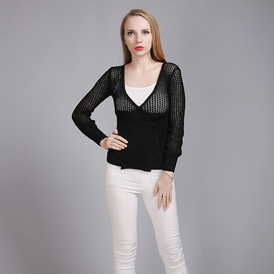 

PREISEI Spring Autumn Women Casual Elegant Slim Solid Hollow Out Lace Up V-Neck Long Sleeve Knitted Cardigan Mujer