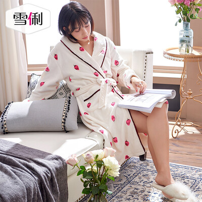 

Snowy autumn&winter coral velvet pajamas female Korean version of the cute woman thin section flannel nightgown sweet home bathrobe white XL