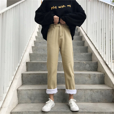 

2018 new style with velvet autumn&winter thickened loose high-waisted&versatile jeans to show slim appearance