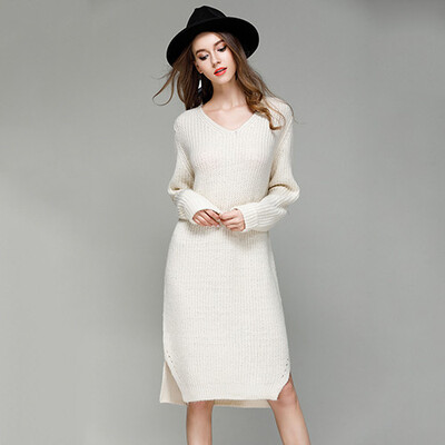 

PREISEI Spring Autumn Women Casual Loose Warm Solid V-Neck Long Sleeve Straight Knee-Length Sweater Dress Vestido