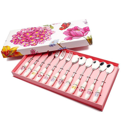 

12 PCS Dessert Flatware Set Ergonomic Herb Garden Ceramic Stainless Steel Dinnerware Coffee Tea Cake Salad Flatware Set Gift