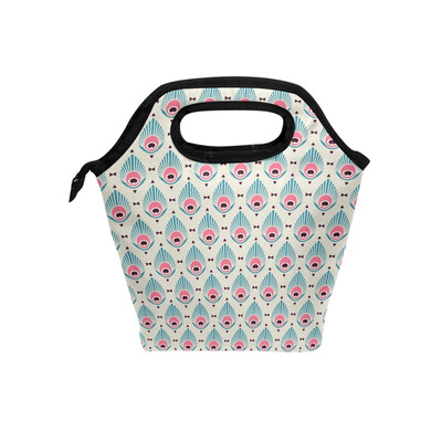 

Lunch Tote Bag Pink Feather Travel Picnic Insulated Lunch Handbags Portable Zipper Lunch Bag Box